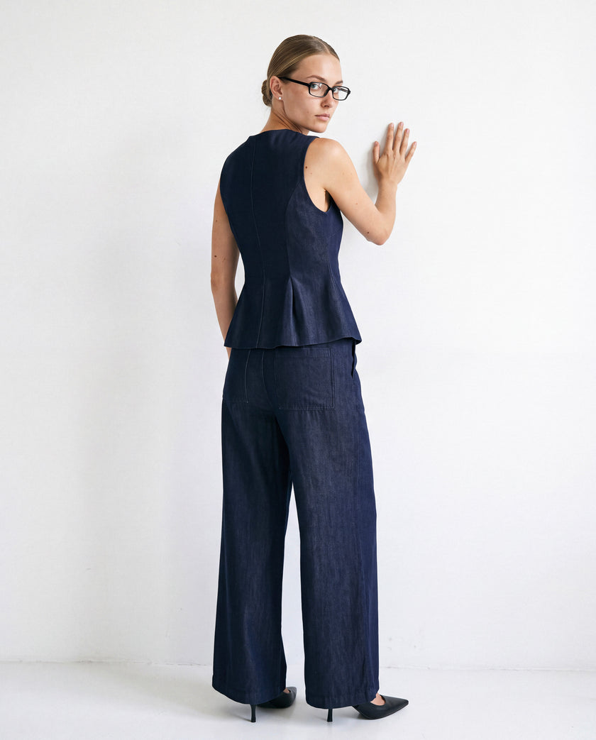 Denim-Look Tailored Set worn by model, full length