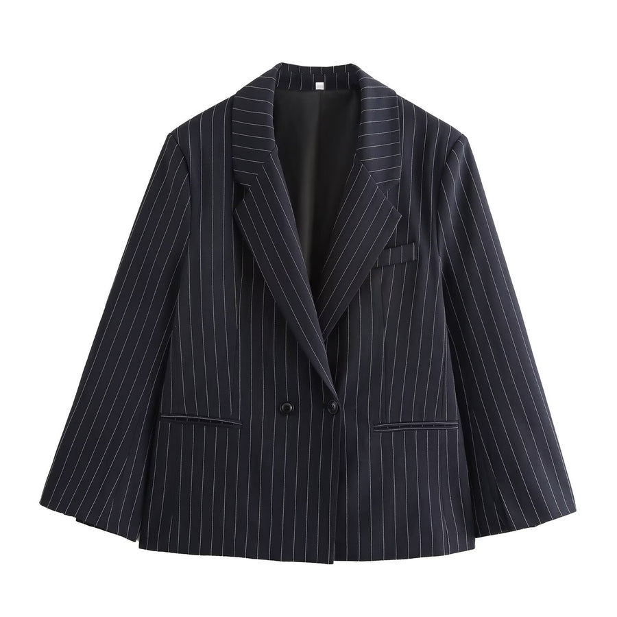 Oversized Pinstripe Blazer in navy pinstripe, front view