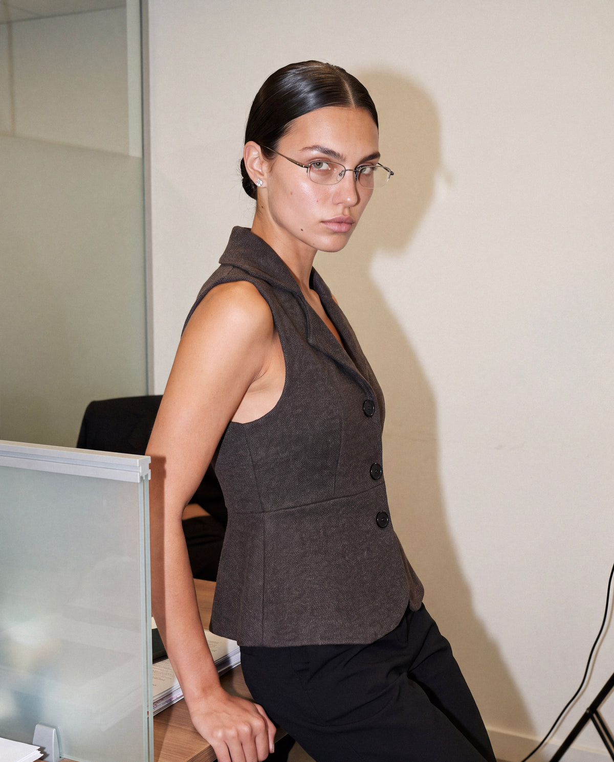 Lapel Knit Waistcoat in dark brown worn by model