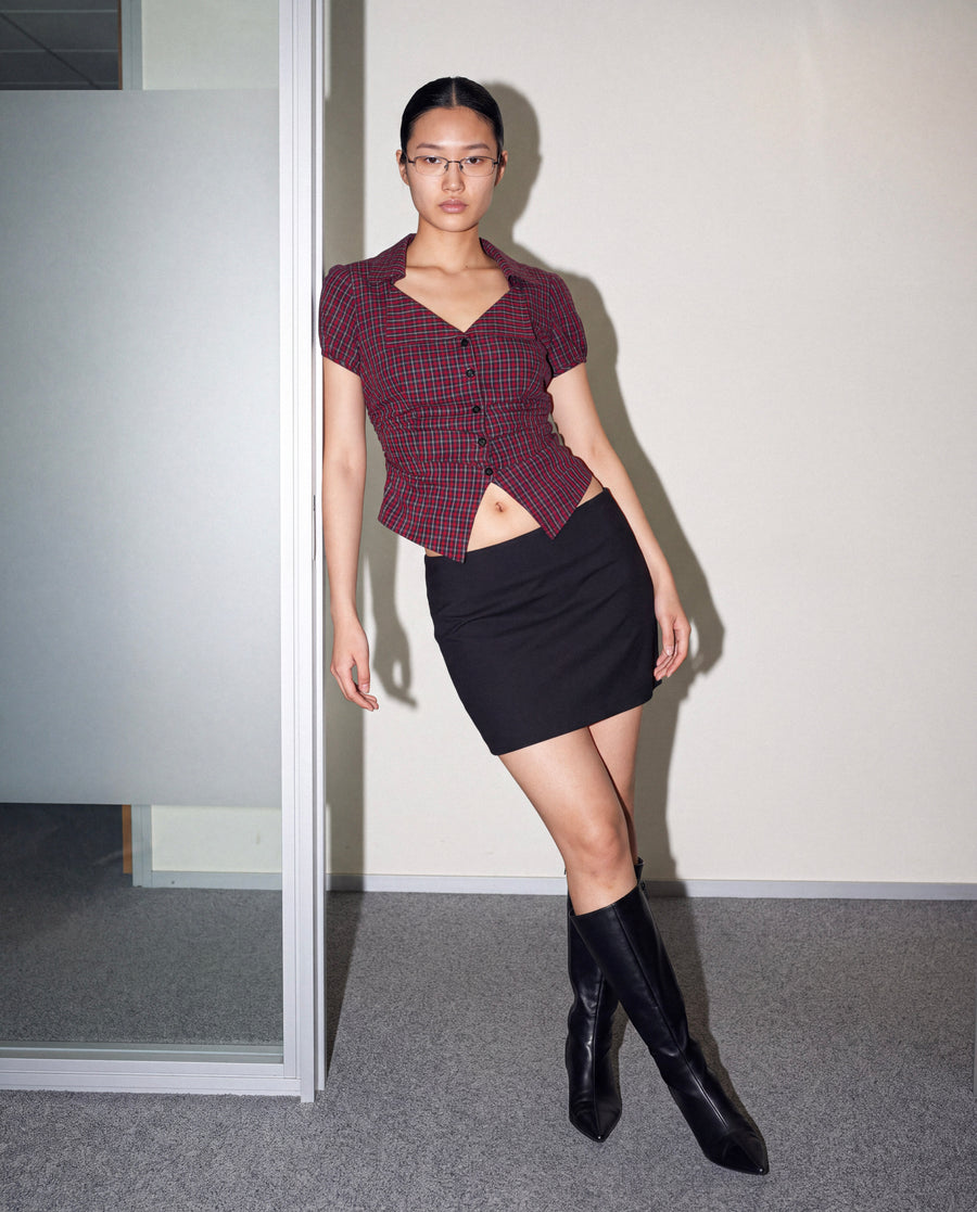 Cinched Plaid Blouse in burgundy check worn by model
