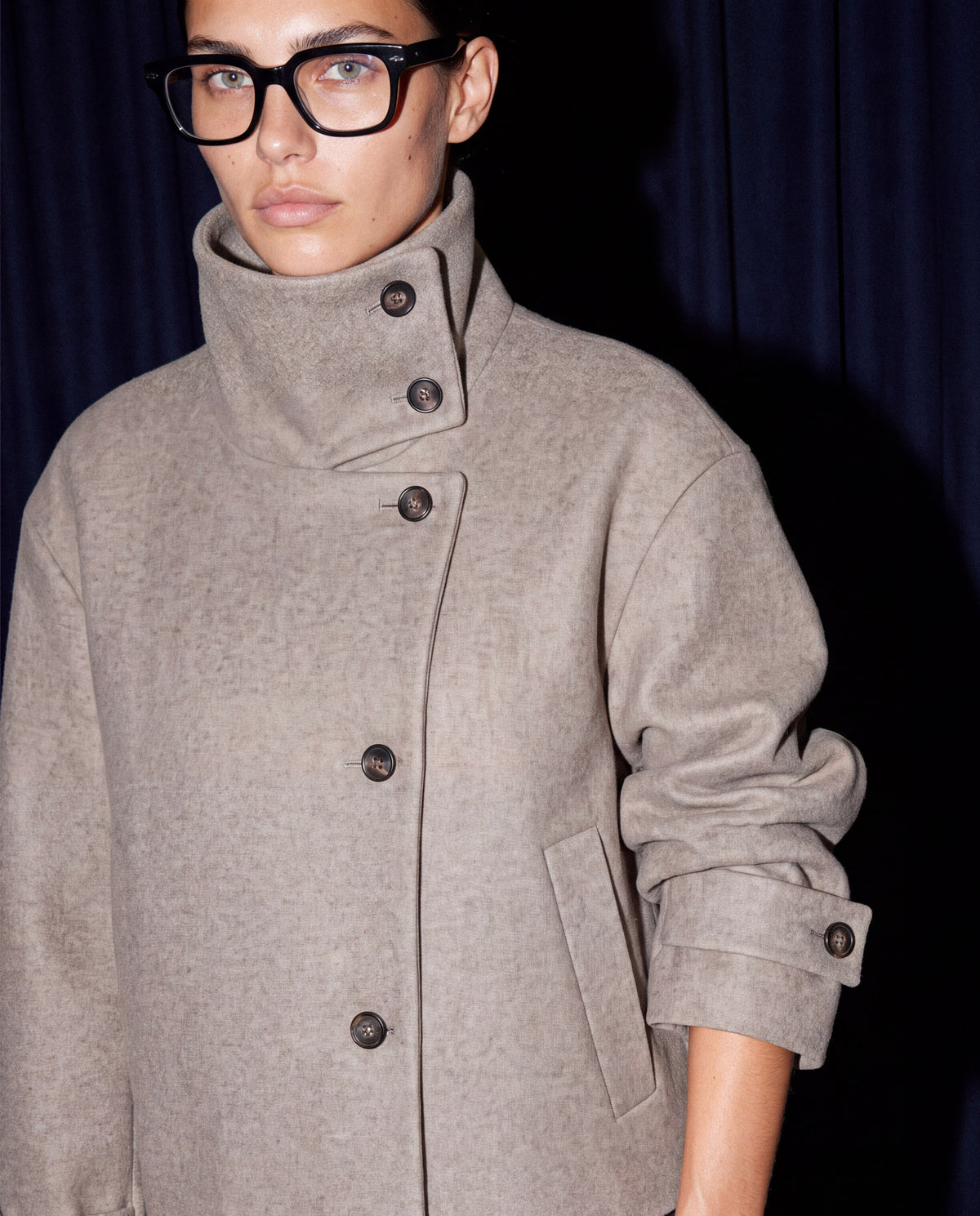 Stand-Collar Jacket in taupe worn by model, close-up