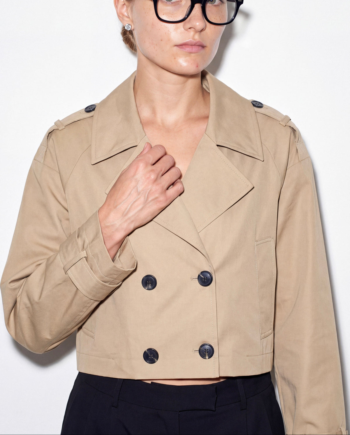 Cropped Double-Collar Trench in khaki worn by model