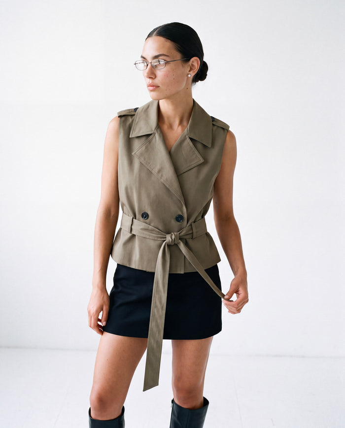 Belted Trench Waistcoat in olive worn by model