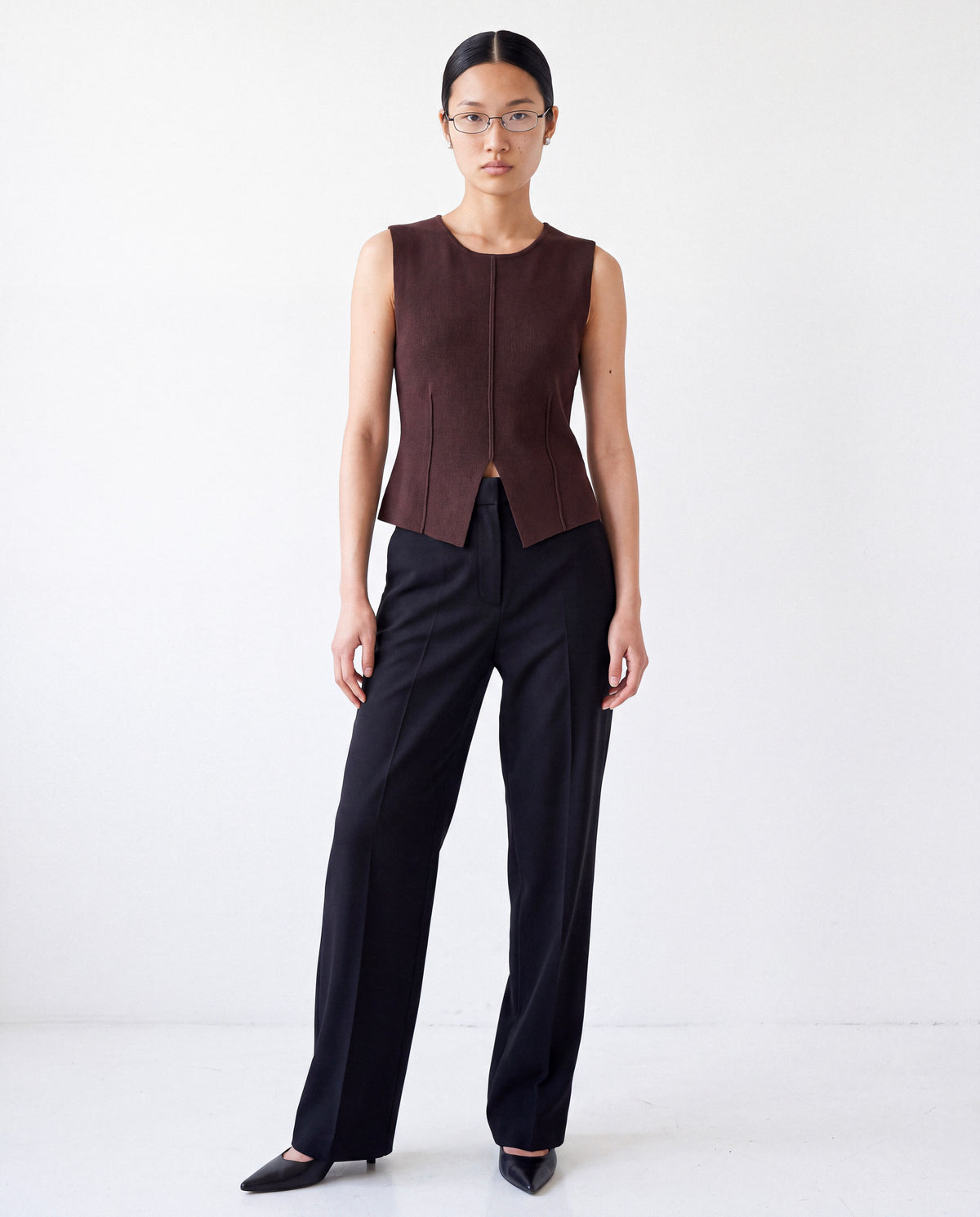 Knit Vest Top in brown worn by model, full length