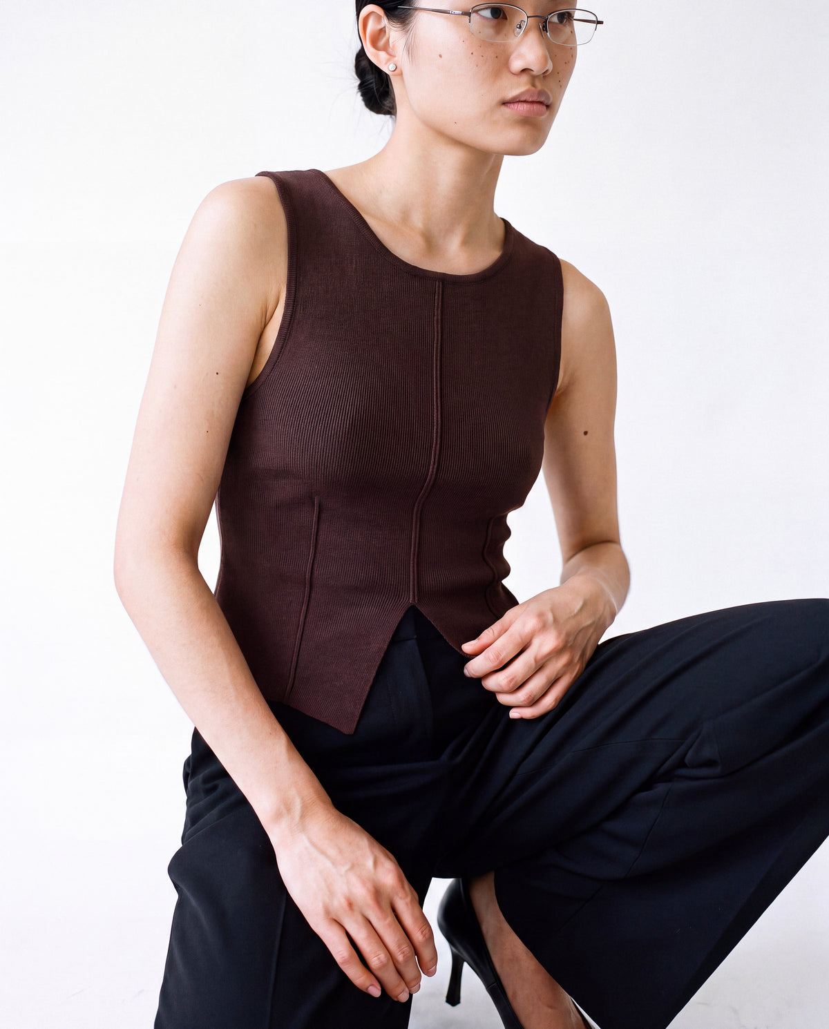 Knit Vest Top in brown worn by model
