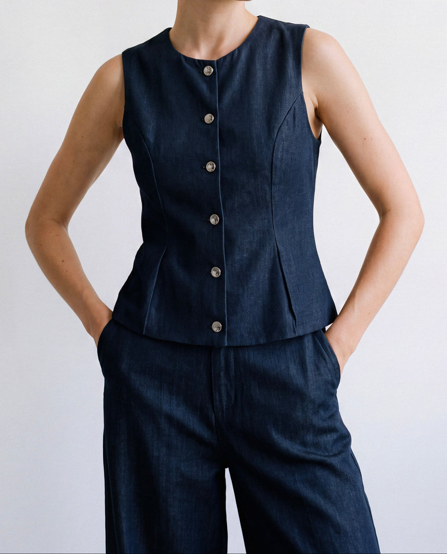 Denim-Look Tailored Set waistcoat and trousers worn by model