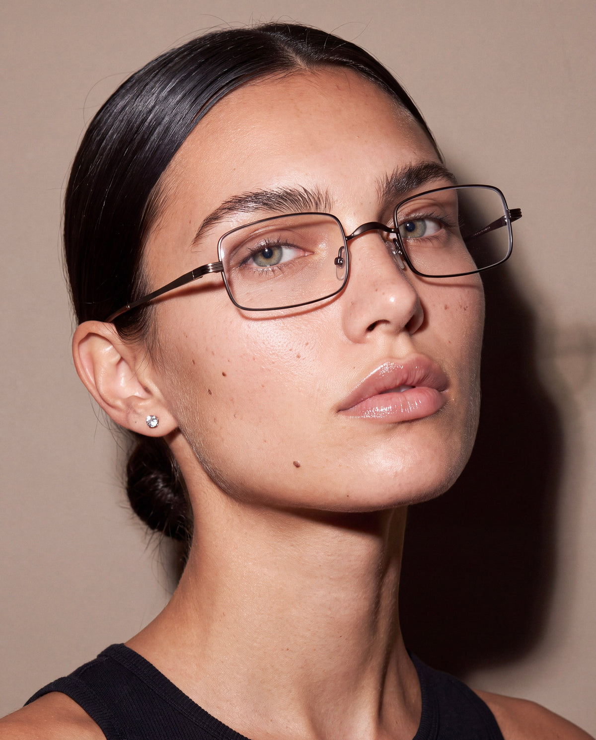 Thin Wire Rectangle Blue Light Glasses worn by model
