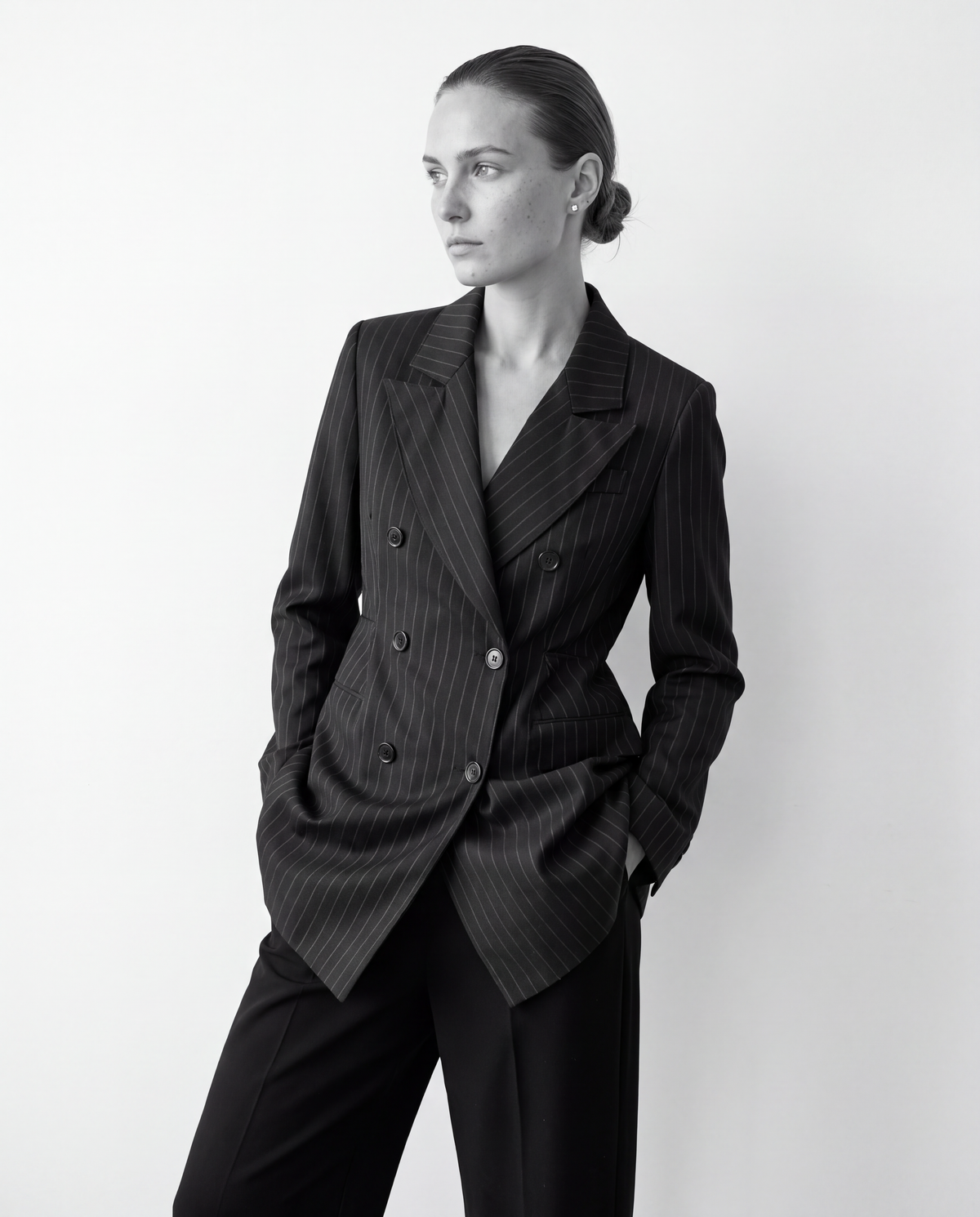 Model in a double-breasted pinstripe blazer with her hands in her pockets