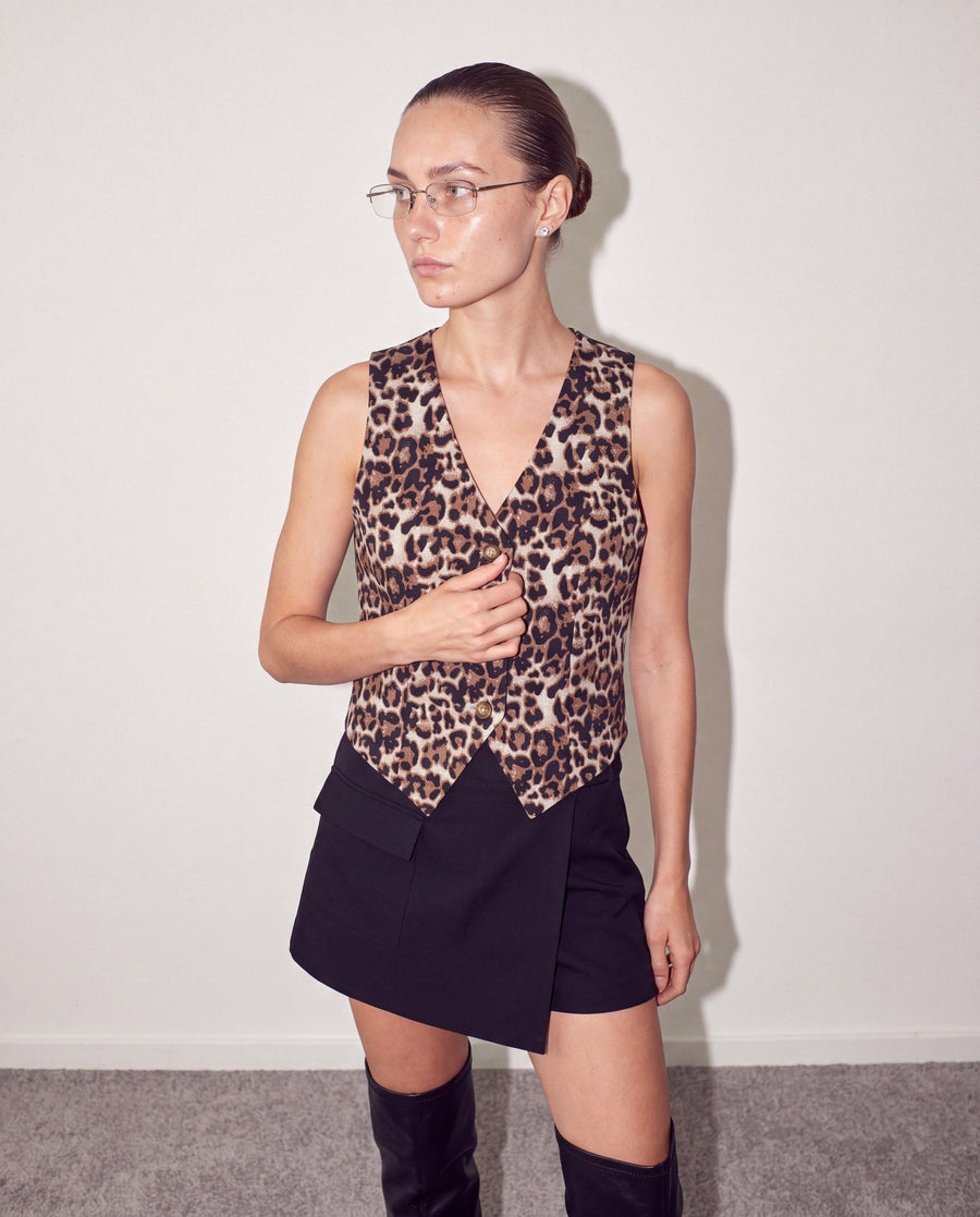 Leopard V-Neck Waistcoat in brown leopard print, front view