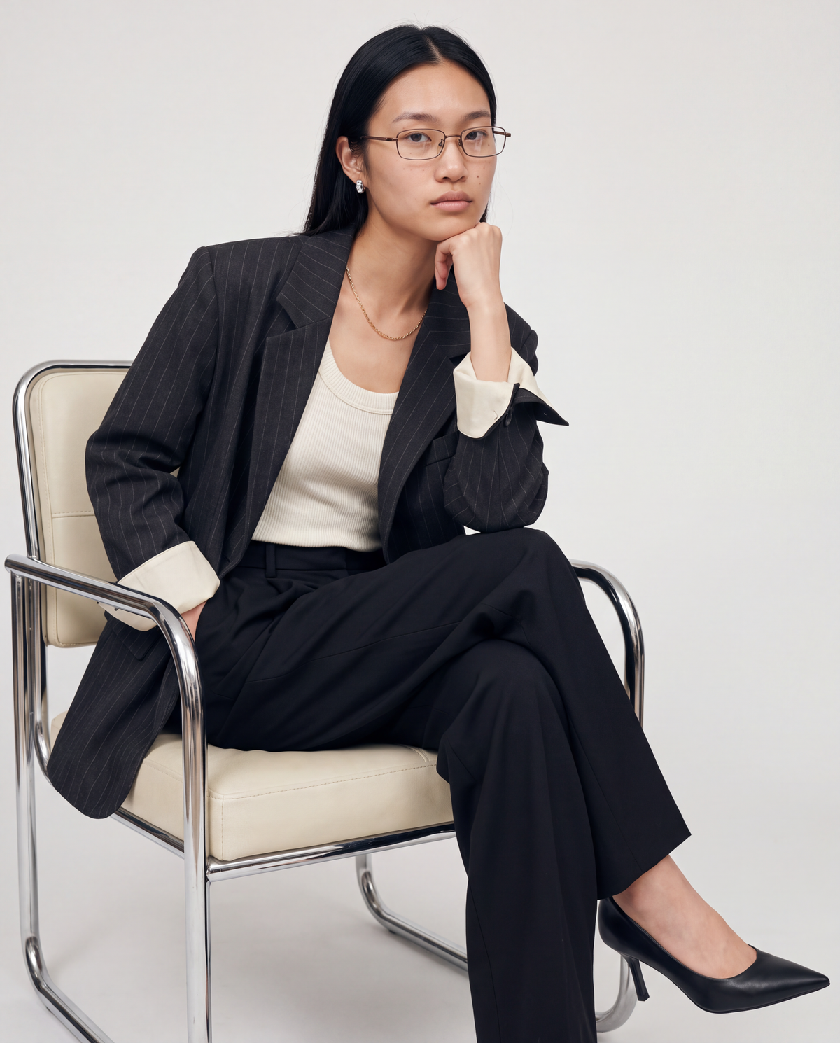 Charcoal Pinstripe Blazer worn by model, seated