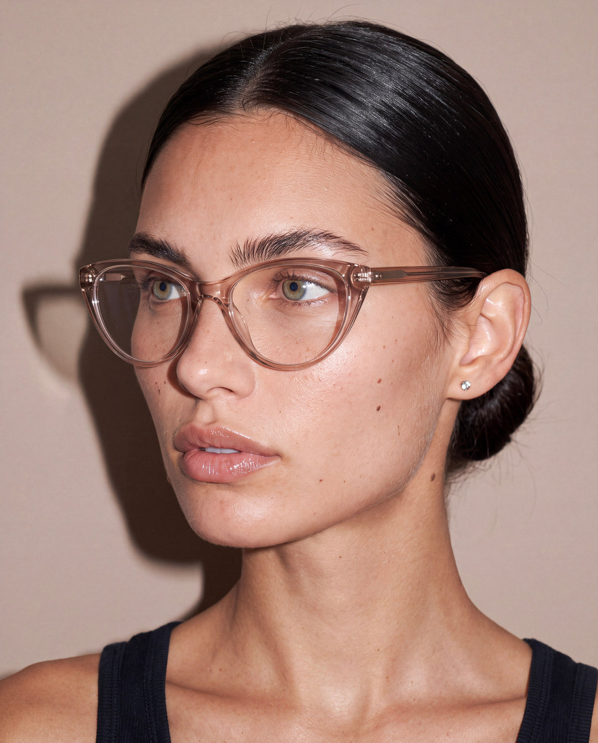 Cat-eye blue light glasses worn by model