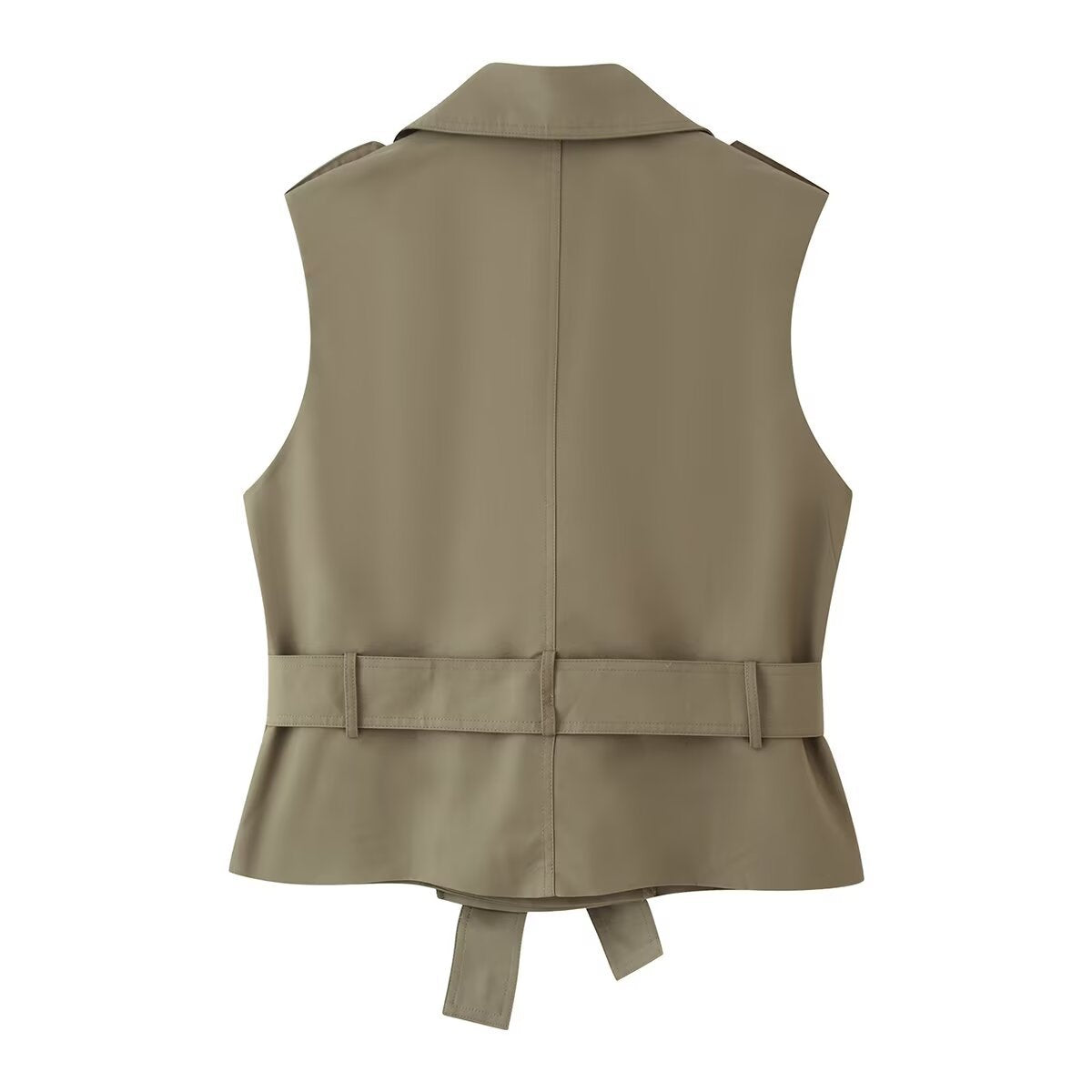 Belted Trench Waistcoat in olive, back view