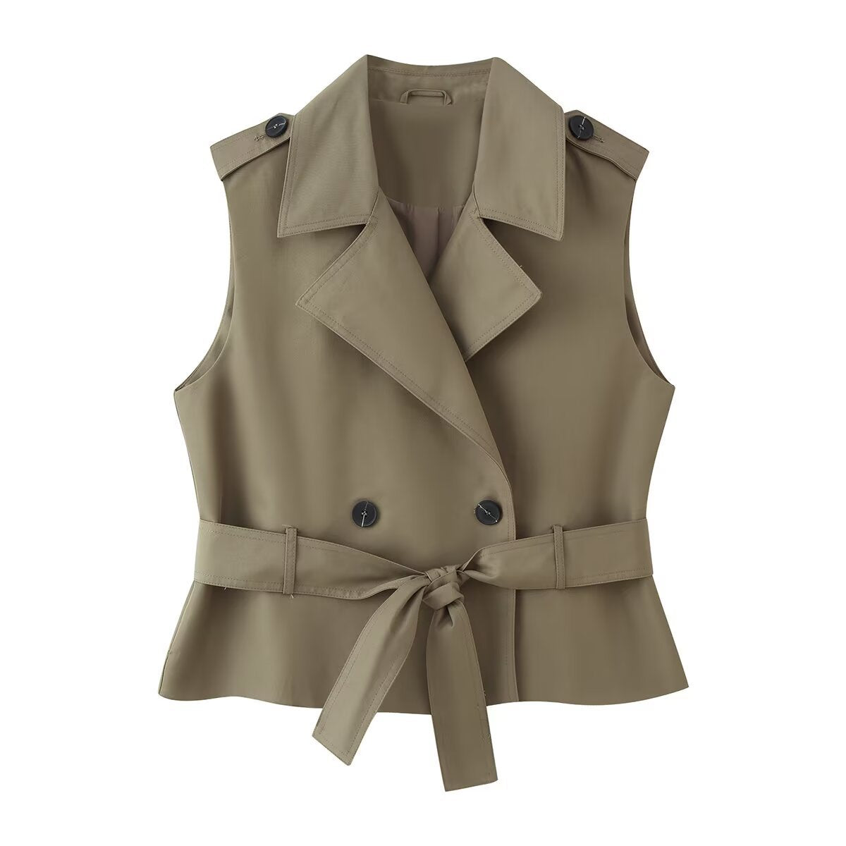 Belted Trench Waistcoat in olive, front view