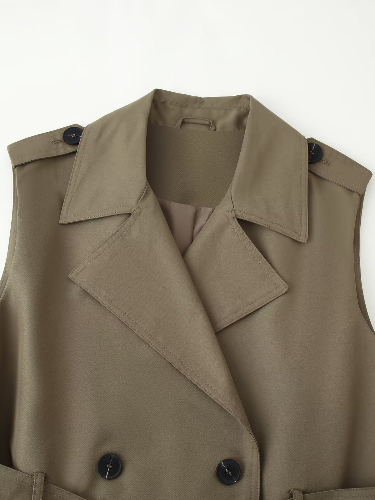 Belted Trench Waistcoat in olive, double-breasted front detail