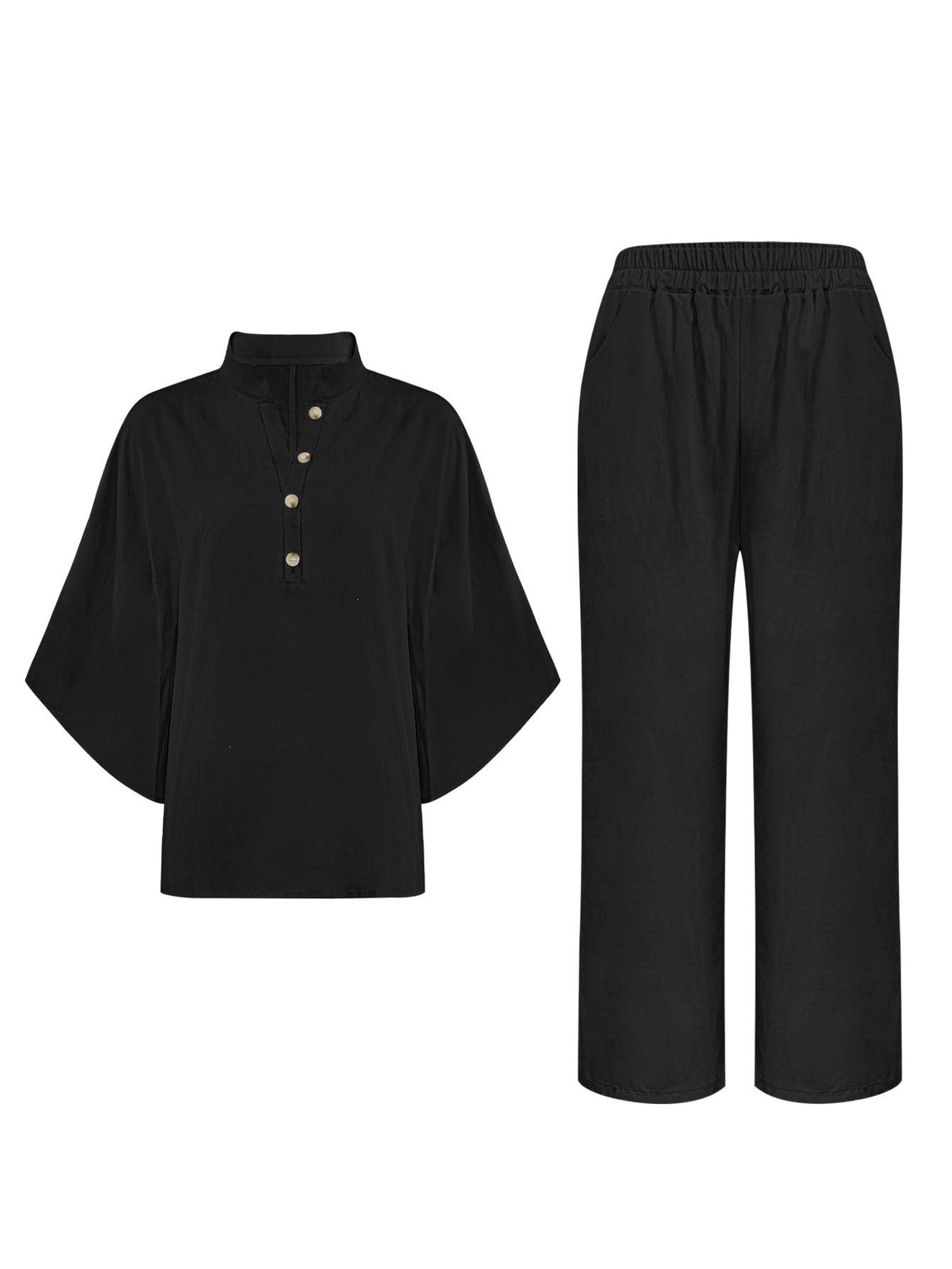 Band-Collar Shirt Set in black, shirt and trousers