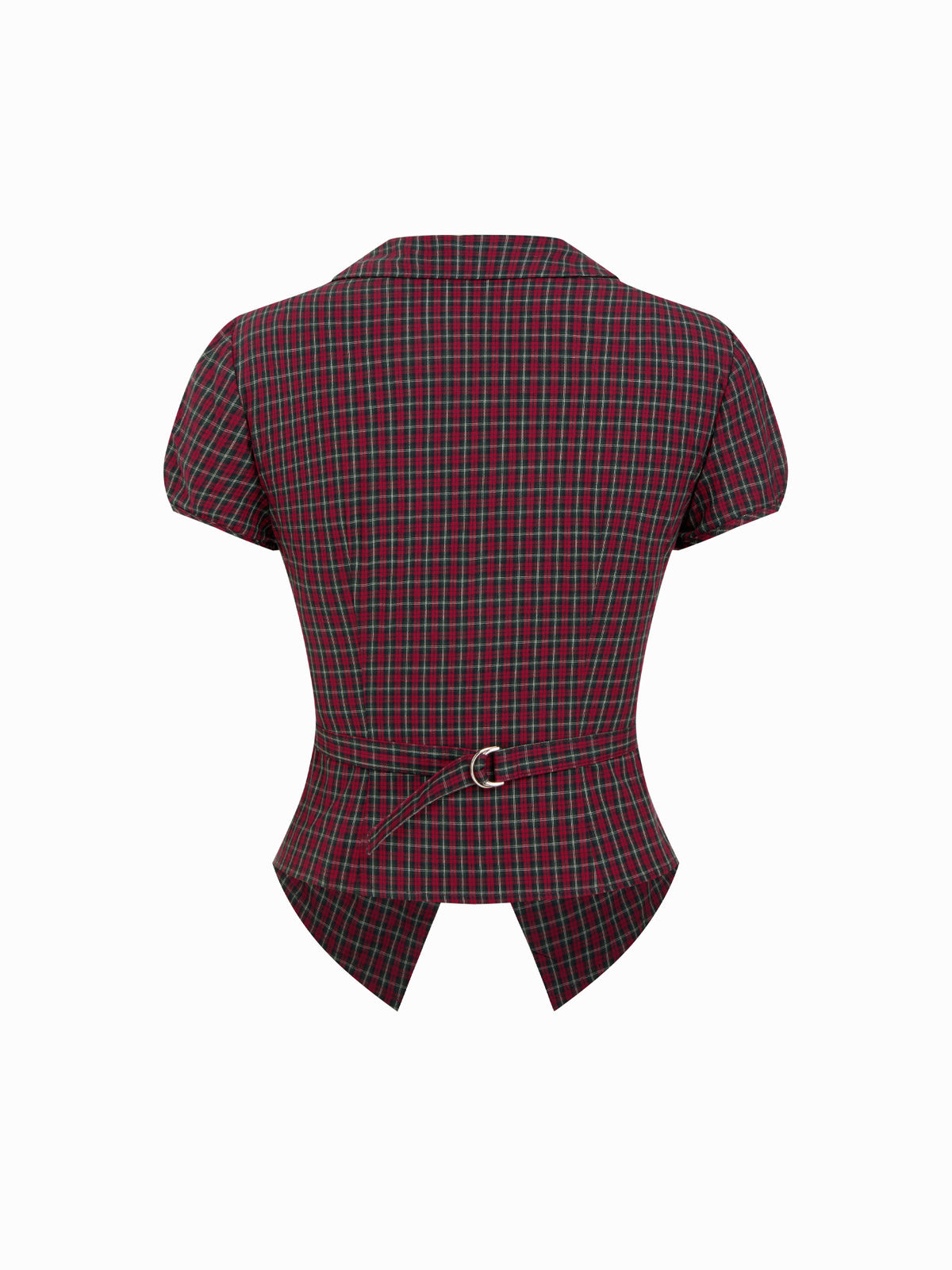 Cinched Plaid Blouse in burgundy check, back view