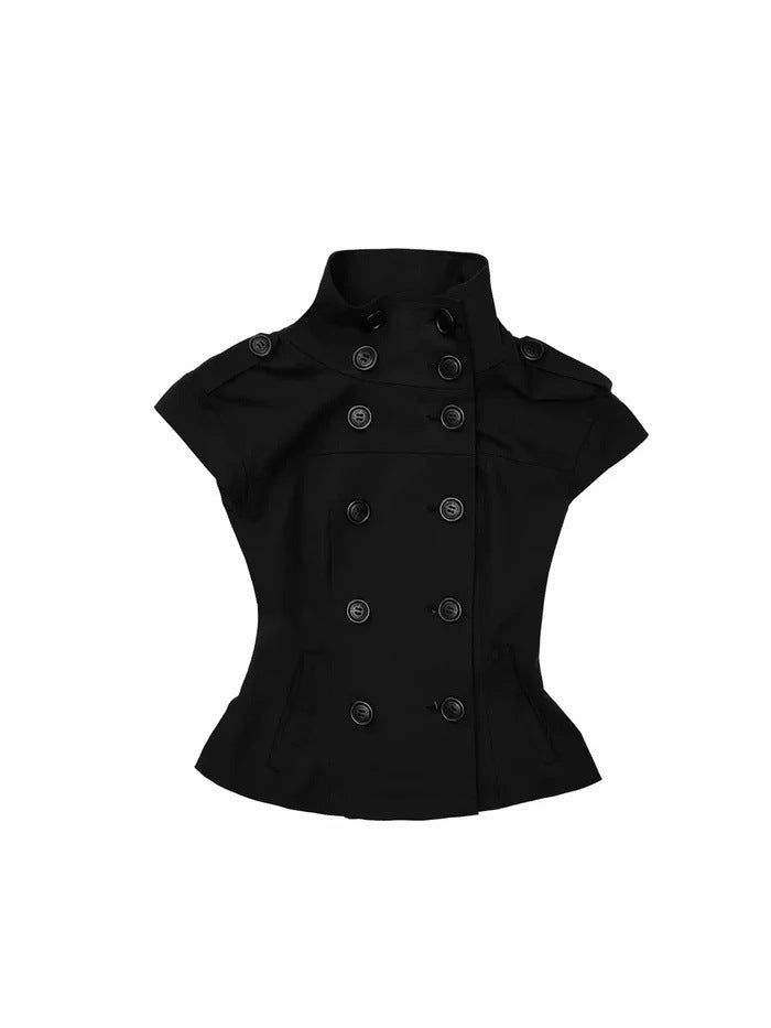 Sleeveless Trench Vest in black, front view