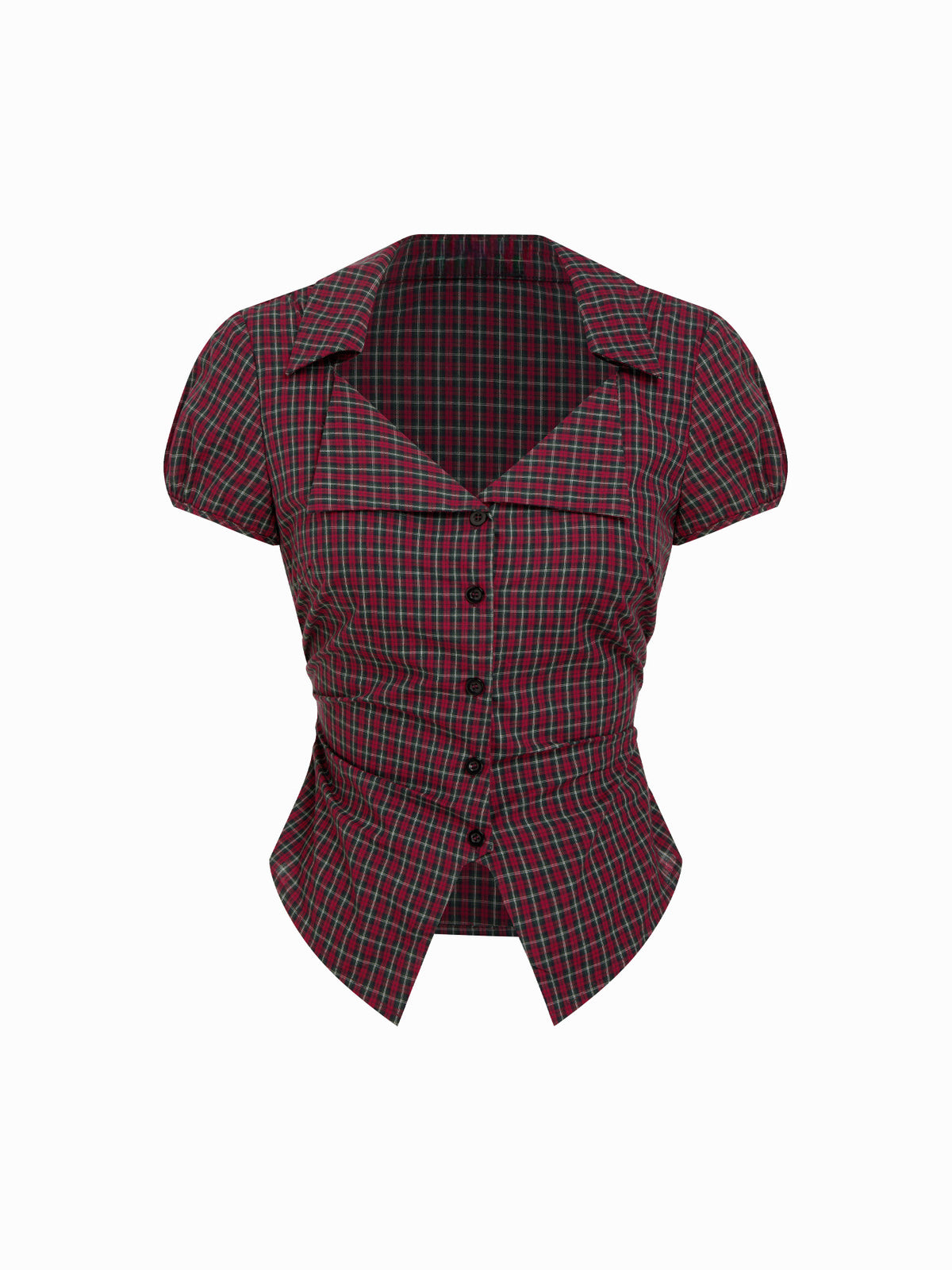 Cinched Plaid Blouse in burgundy check, front view