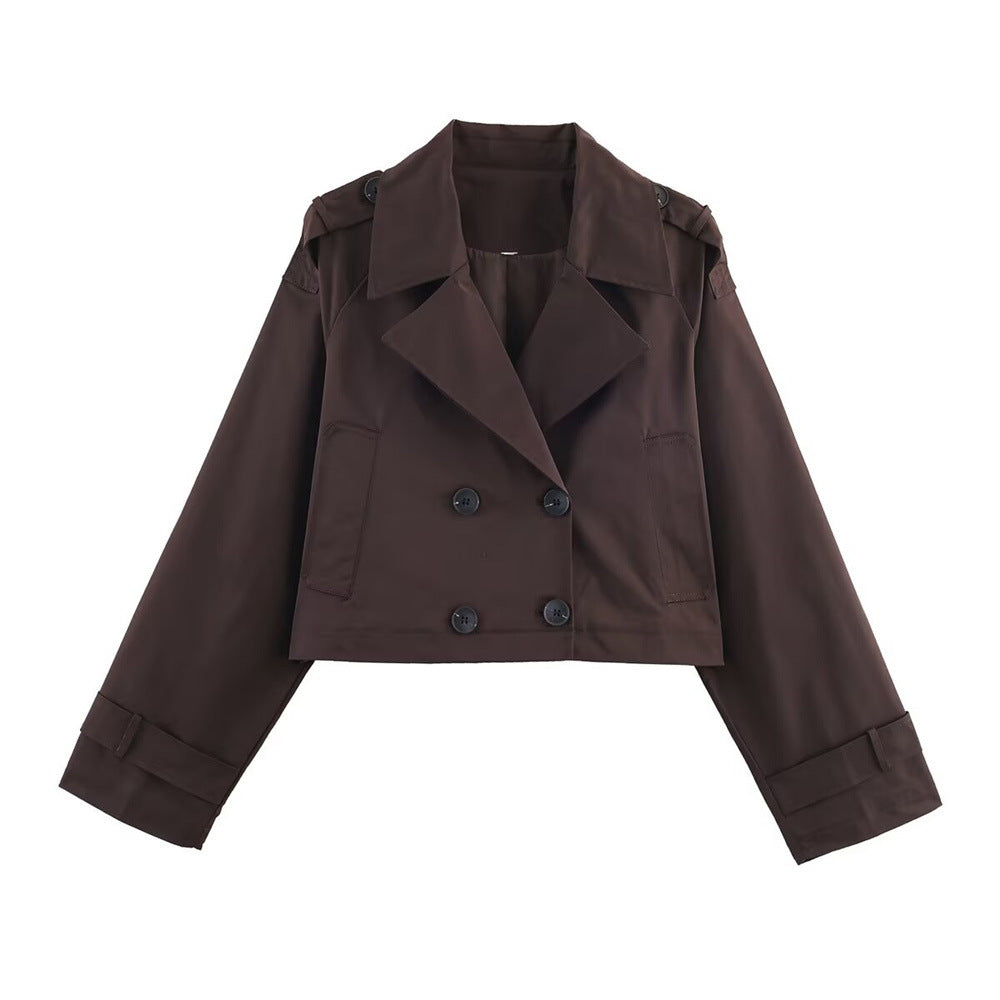 Cropped Double-Collar Trench in espresso, front view