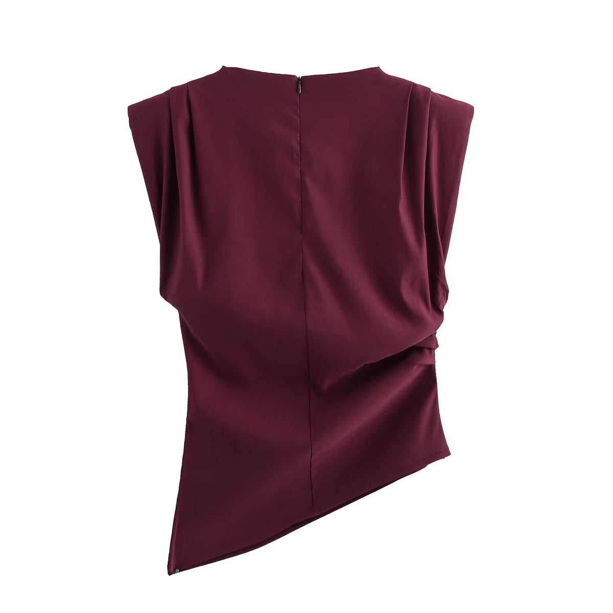 Padded-Shoulder Pleated Top in burgundy, back view