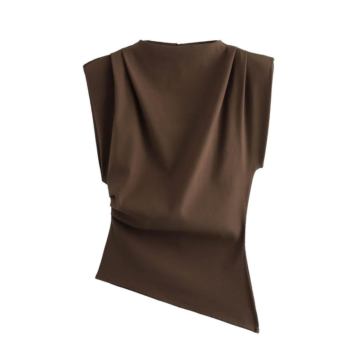 Padded-Shoulder Pleated Top in chocolate, front view