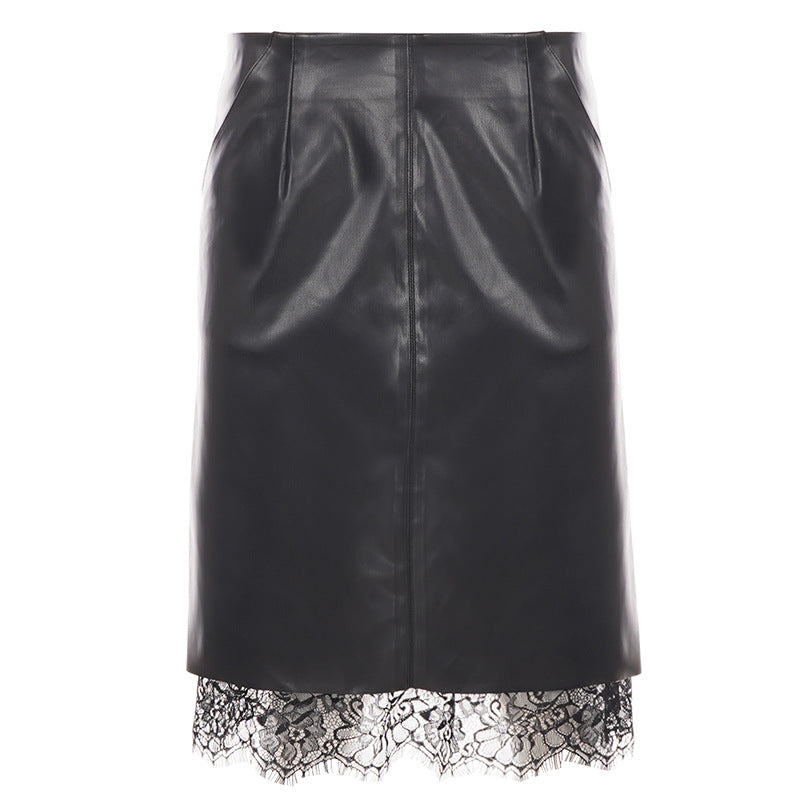 Lace-Trim Faux Leather Midi Skirt in black, front view on a mannequin