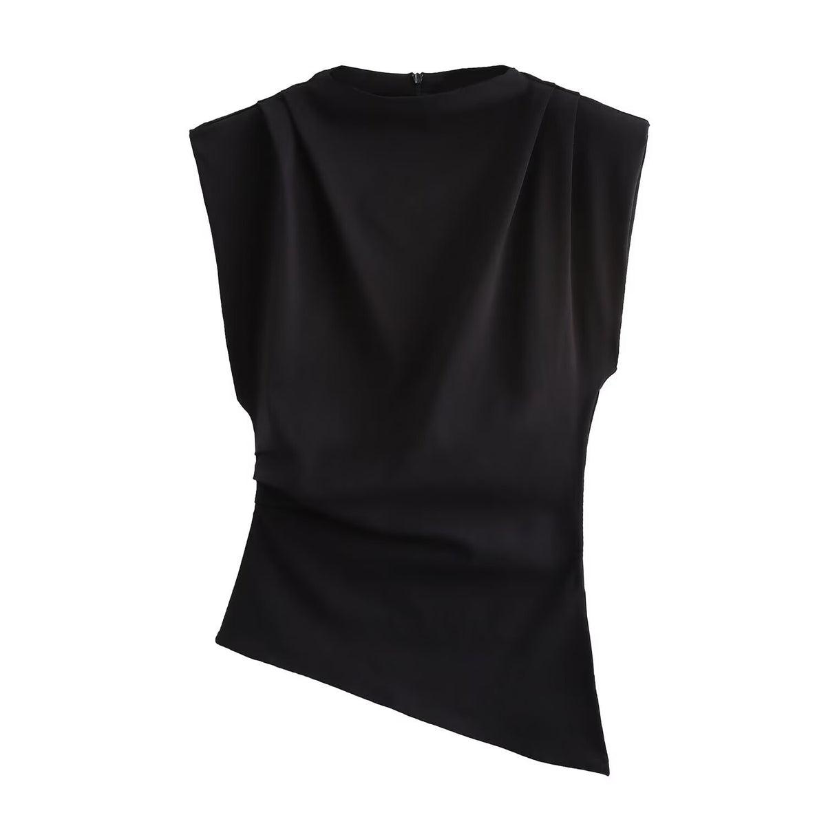 Padded-Shoulder Pleated Top in black, front view