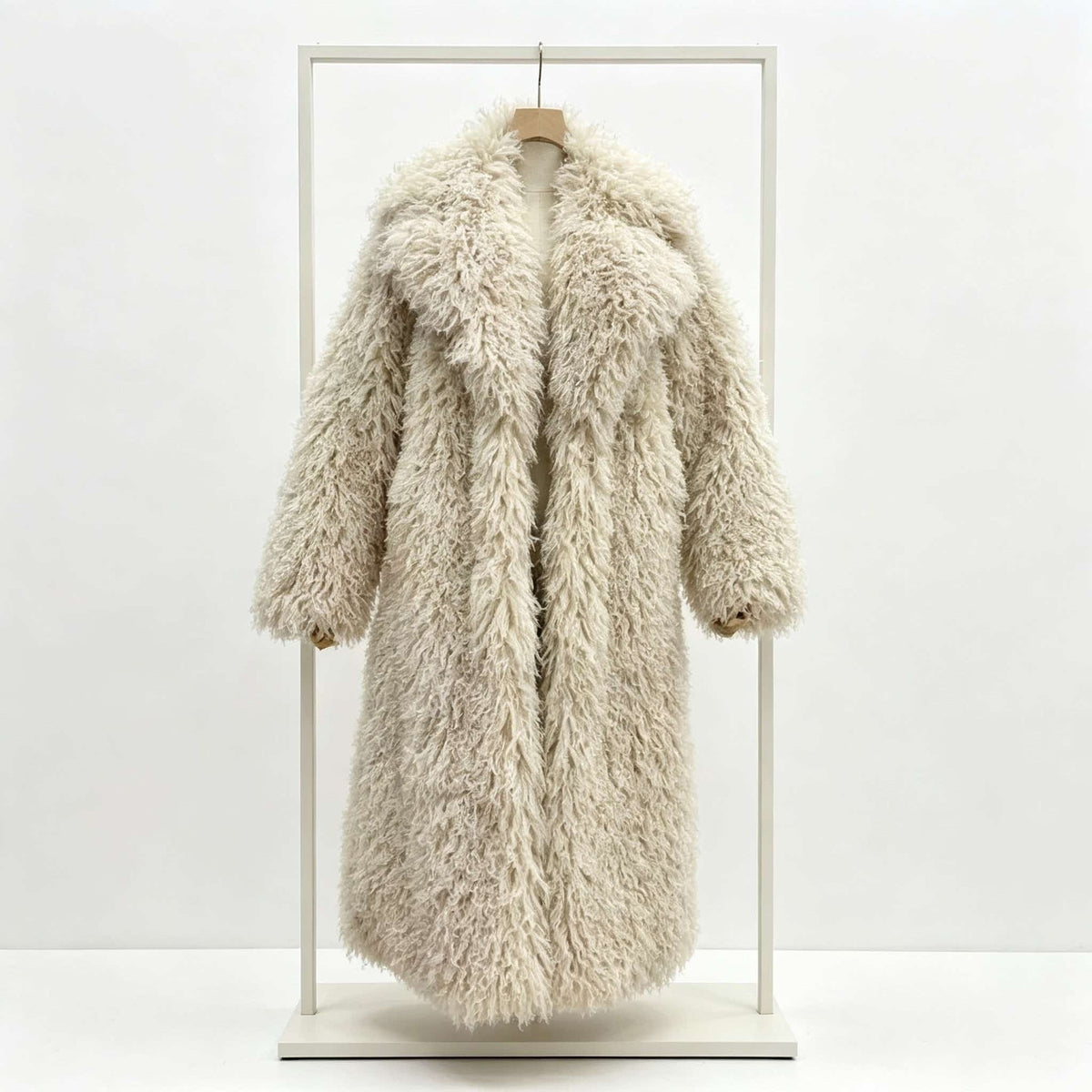 Shaggy Faux Fur Longline Coat in oatmeal, front view