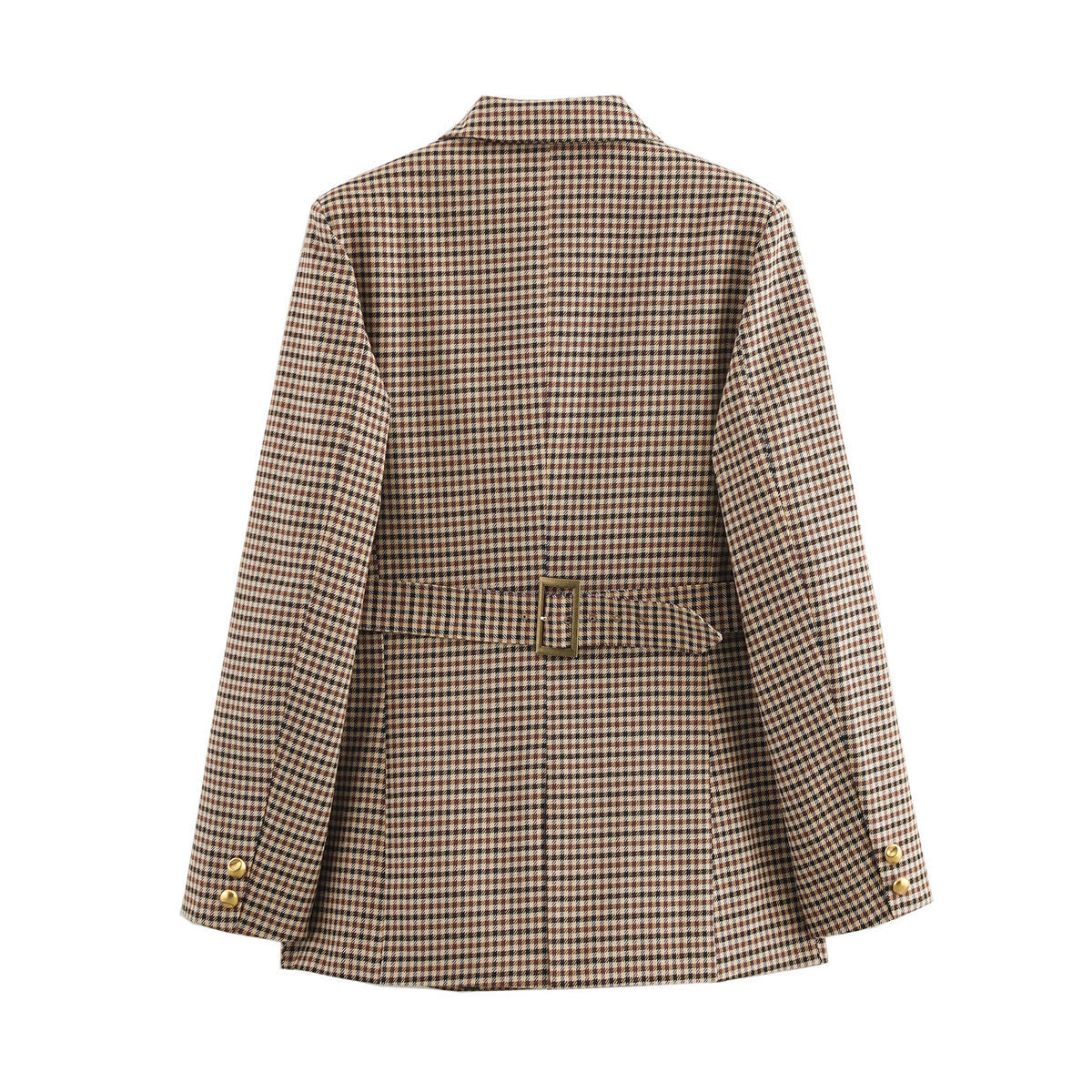 Belted Houndstooth Blazer in camel, back view with belt