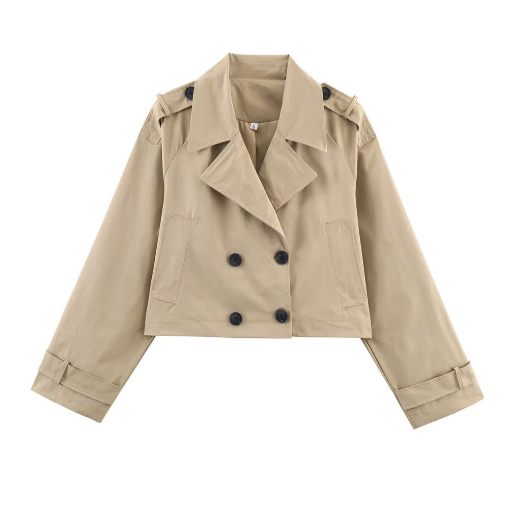 Cropped Double-Collar Trench in khaki, front view