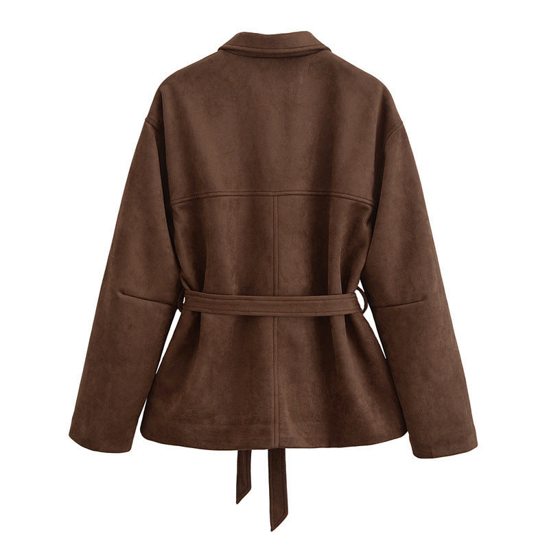 Belted Faux-Suede Shirt Jacket in brown, back view