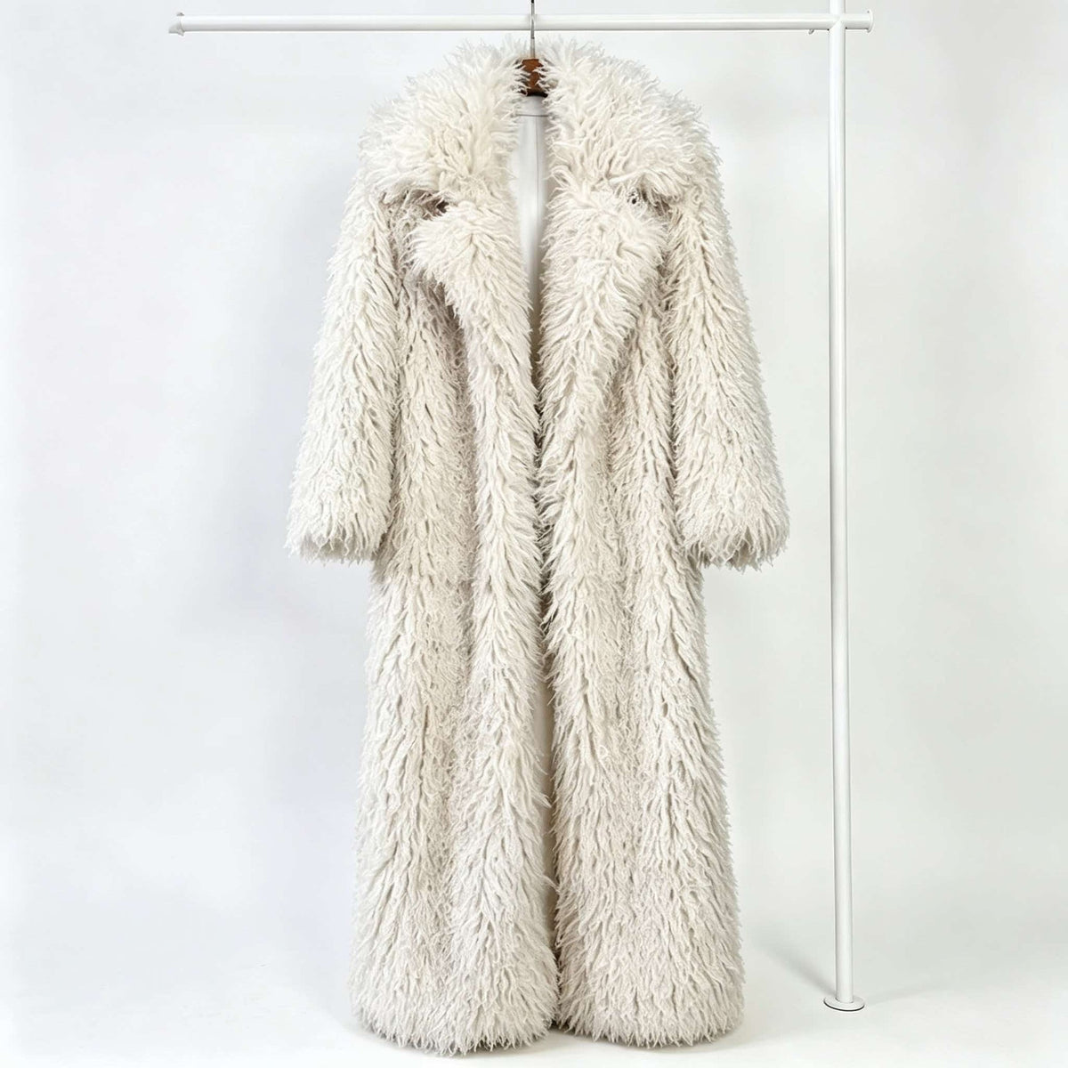 Shaggy Faux Fur Longline Coat in ivory, front view