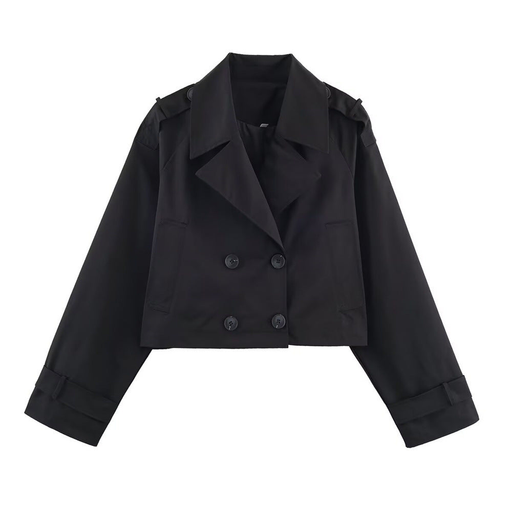 Cropped Double-Collar Trench in black, front view