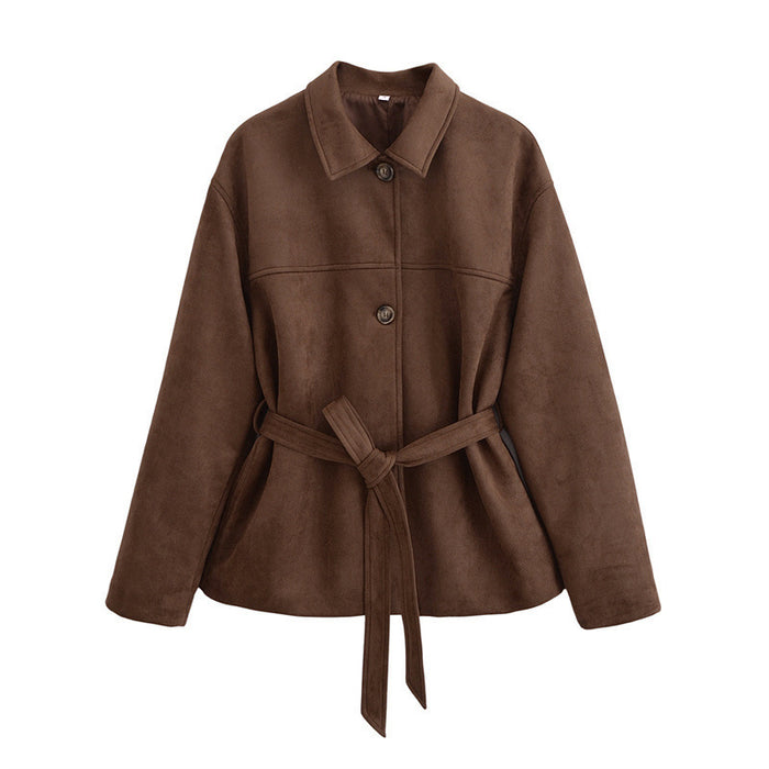 Belted Faux-Suede Shirt Jacket in brown, front view with belt