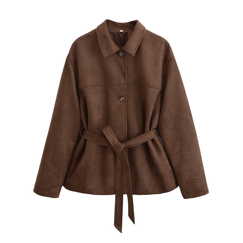 Belted Faux-Suede Shirt Jacket in brown, front view with belt