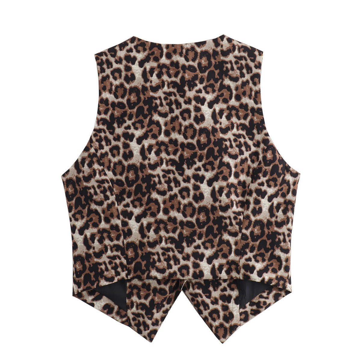 Leopard V-Neck Waistcoat in brown leopard print, flat back view