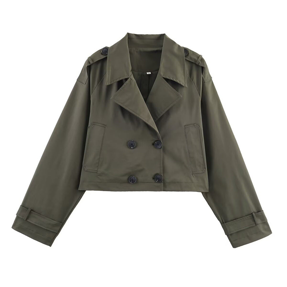 Cropped Double-Collar Trench in olive, front view