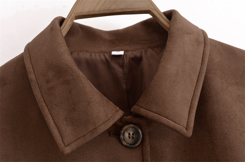 Belted Faux-Suede Shirt Jacket in brown, collar and button detail