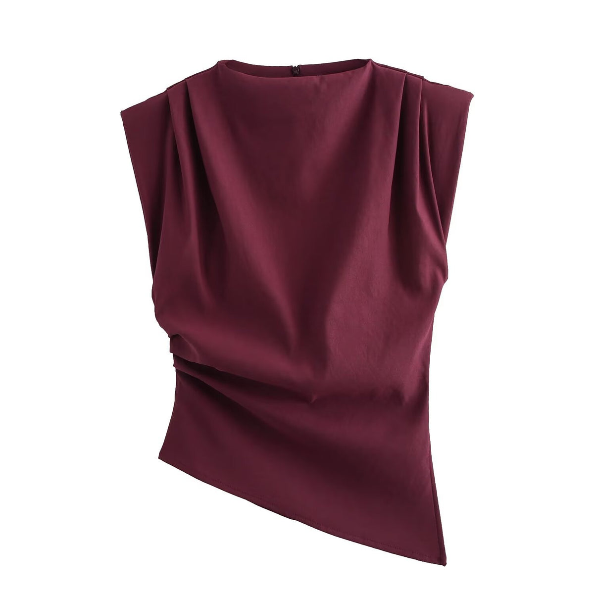 Padded-Shoulder Pleated Top in burgundy, front view