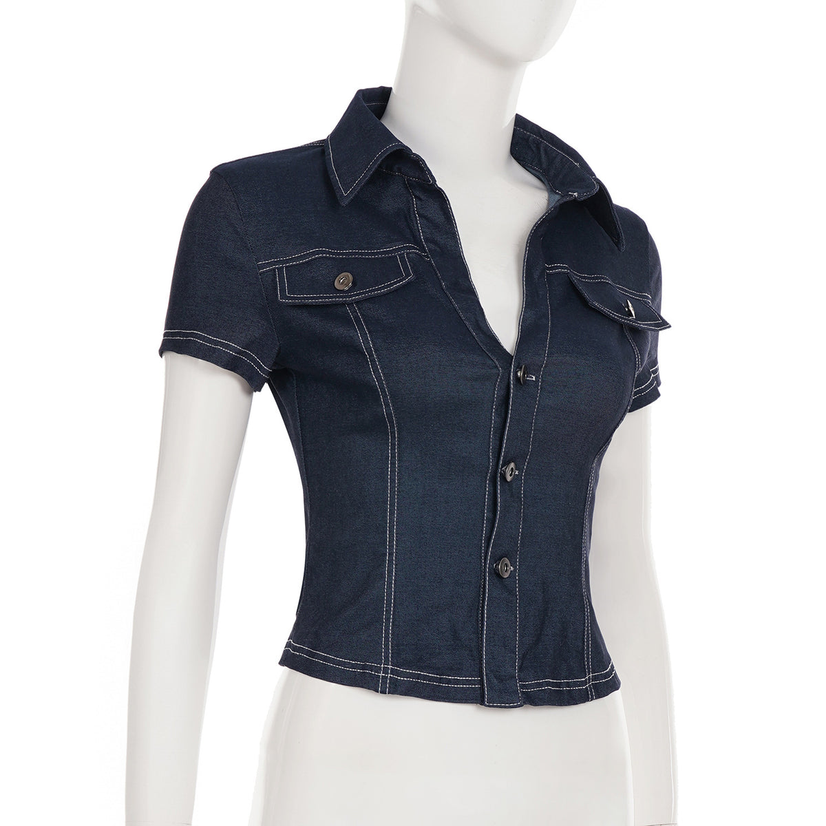Denim-Look Fitted Shirt in indigo on a mannequin, front view