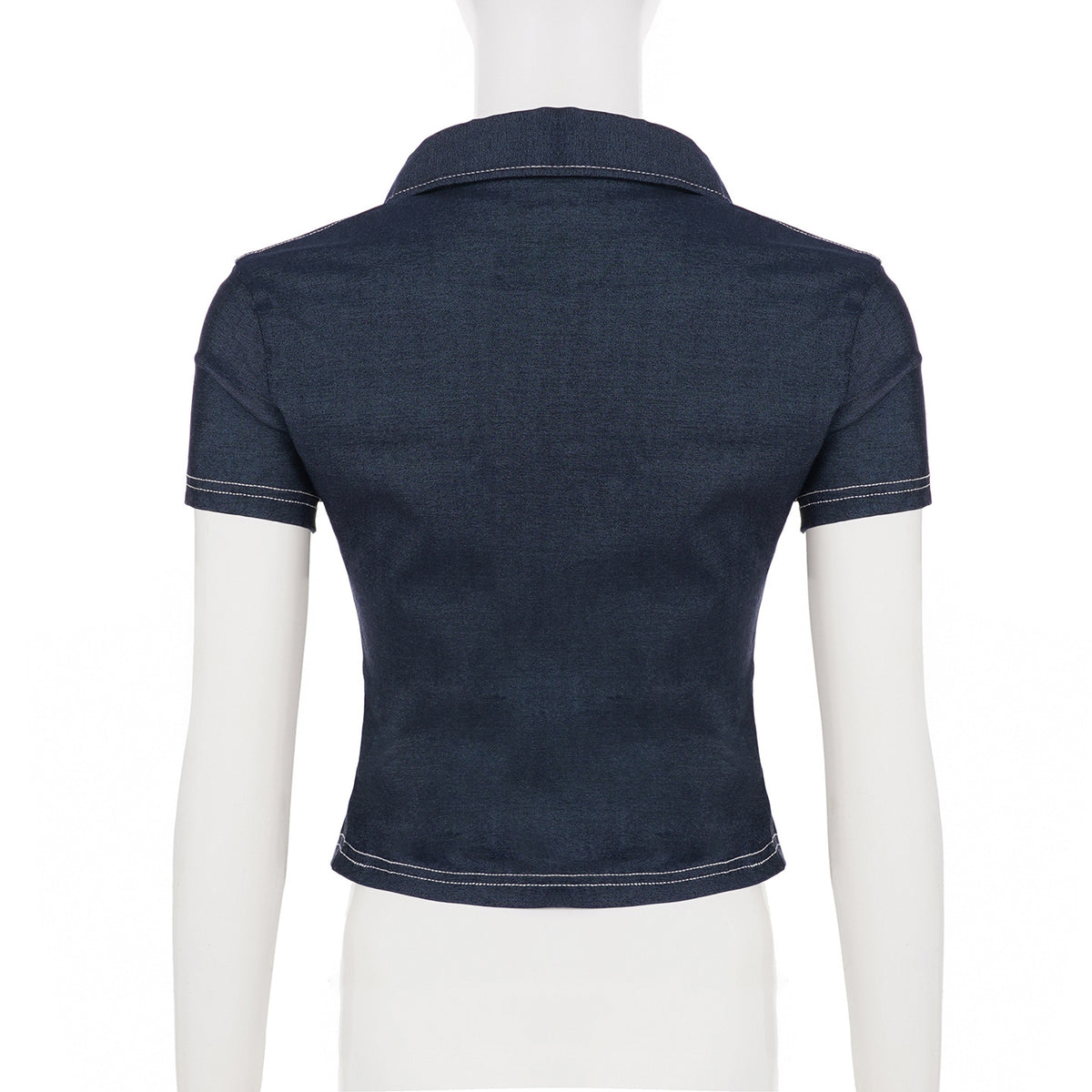 Denim-Look Fitted Shirt in indigo on a mannequin, back view