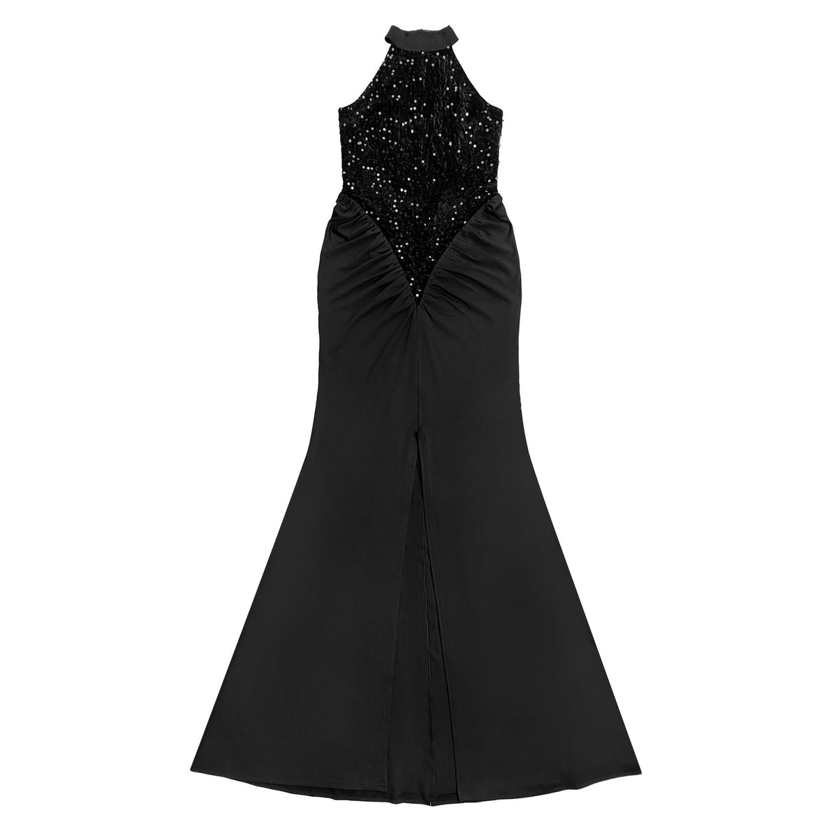 Velvet Sequin High Neck Maxi Dress in black, flat view of the full dress
