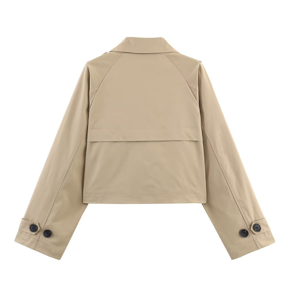 Cropped Double-Collar Trench in khaki, back view