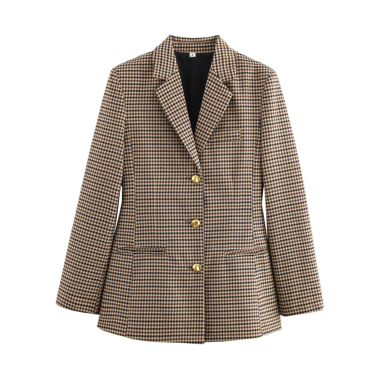 Belted Houndstooth Blazer in camel, front view