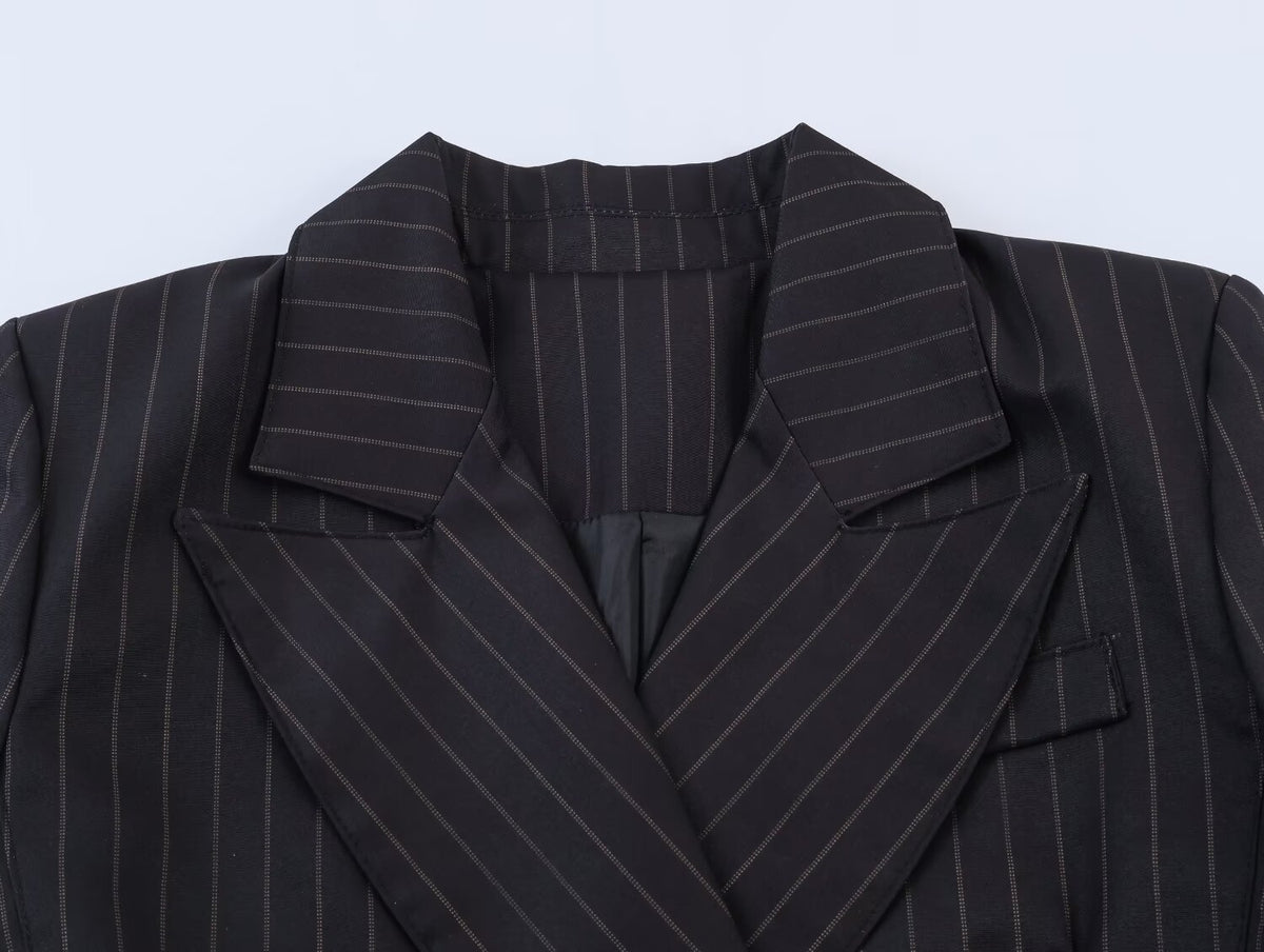 Pinstripe Blazer Dress in charcoal, lapel detail