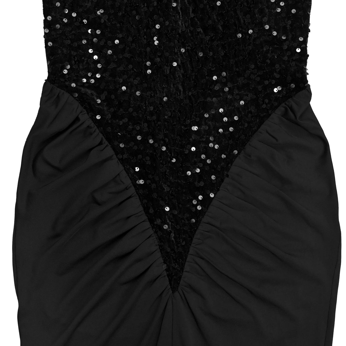 Close-up of the V point and hip ruching of the Velvet Sequin High Neck Maxi Dress