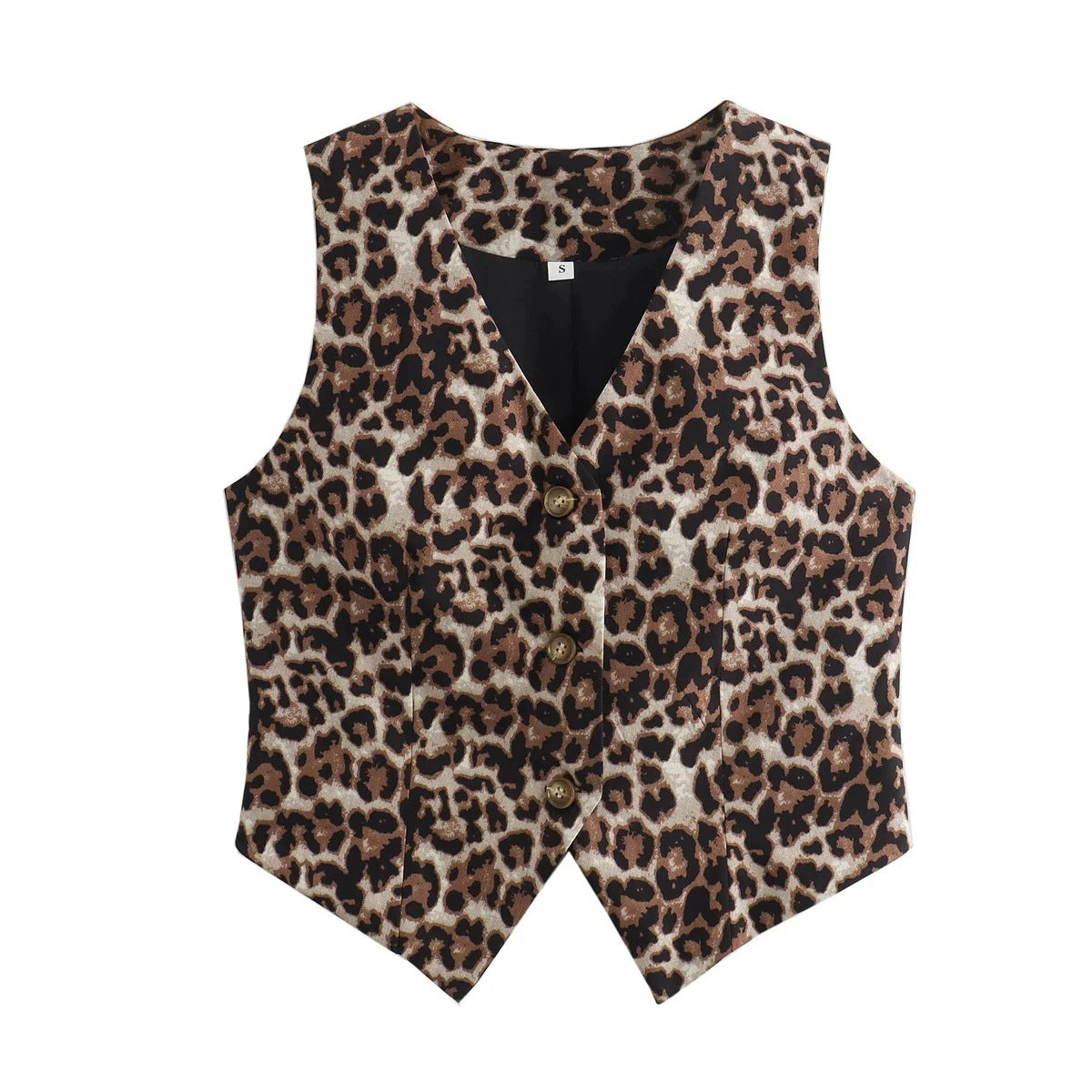 Leopard V-Neck Waistcoat in brown leopard print, flat front view