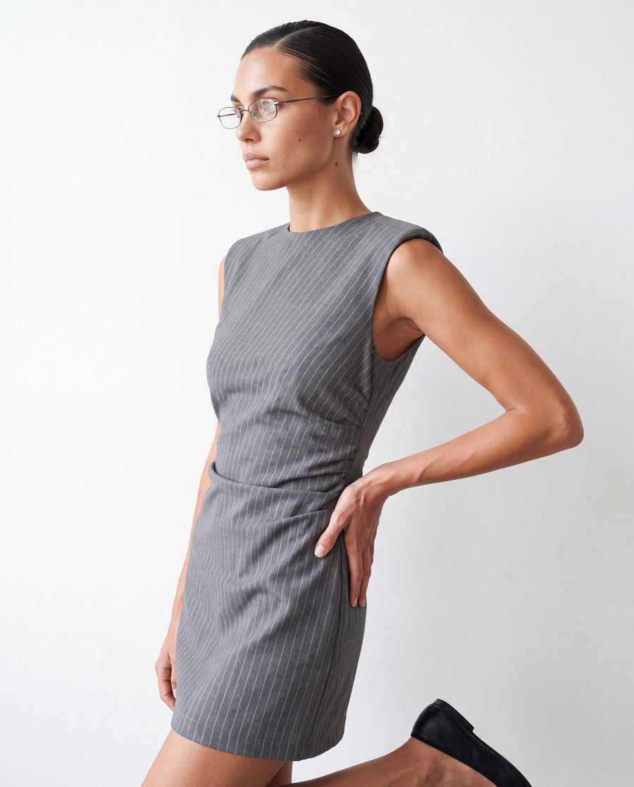 Grey Pinstripe Dress worn by model