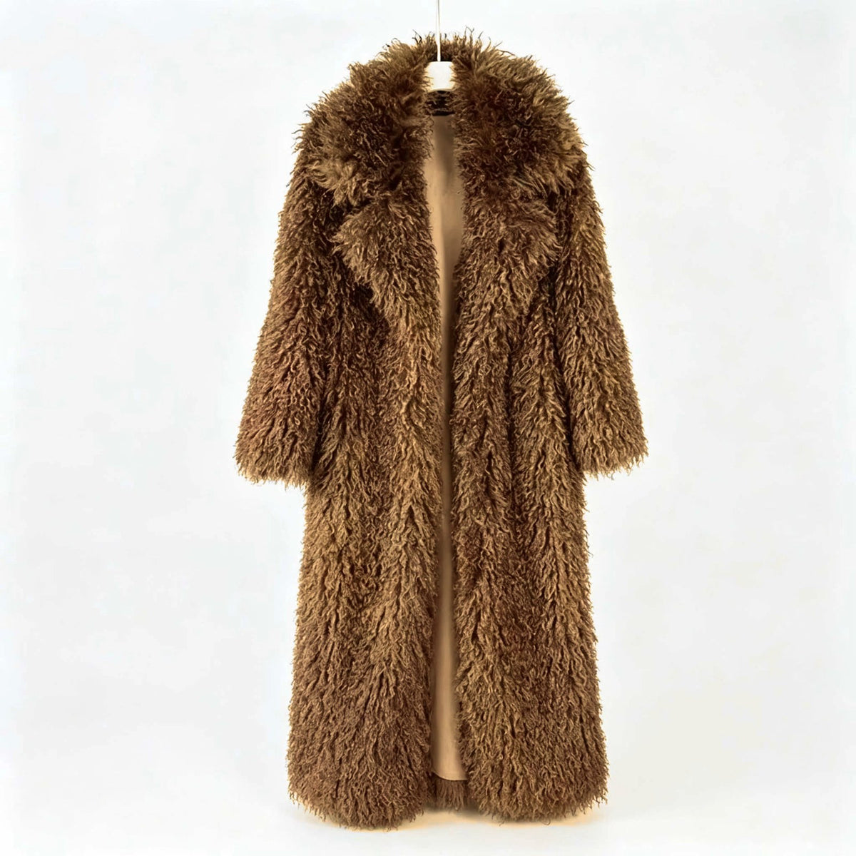 Shaggy Faux Fur Longline Coat in camel, front view