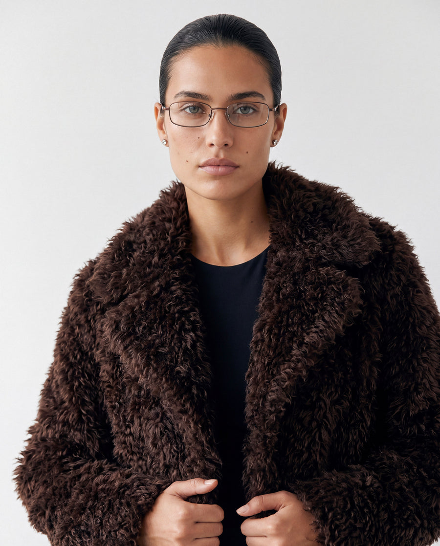 Shaggy Faux Fur Longline Coat in chocolate, close-up of the collar